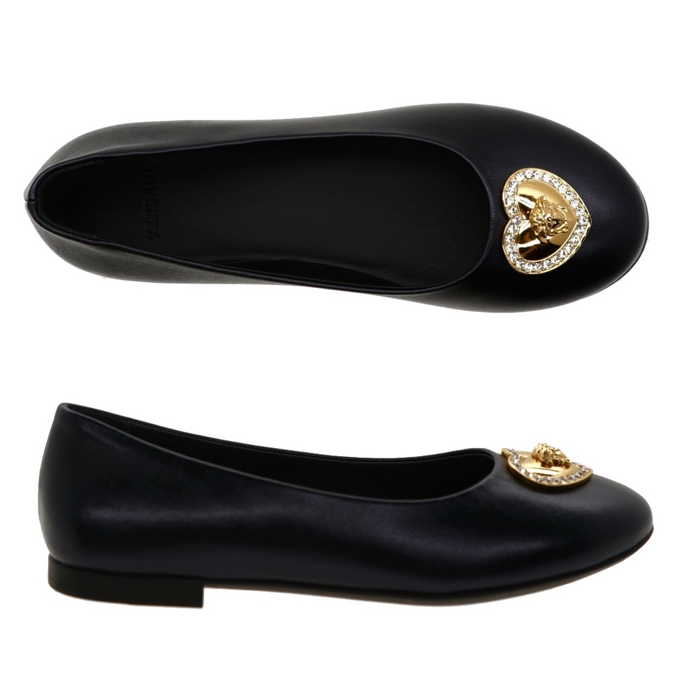 Versace Kids Medusa Girl Flat Ballerina Shoes Black Leather Size 31 / 13 US New
